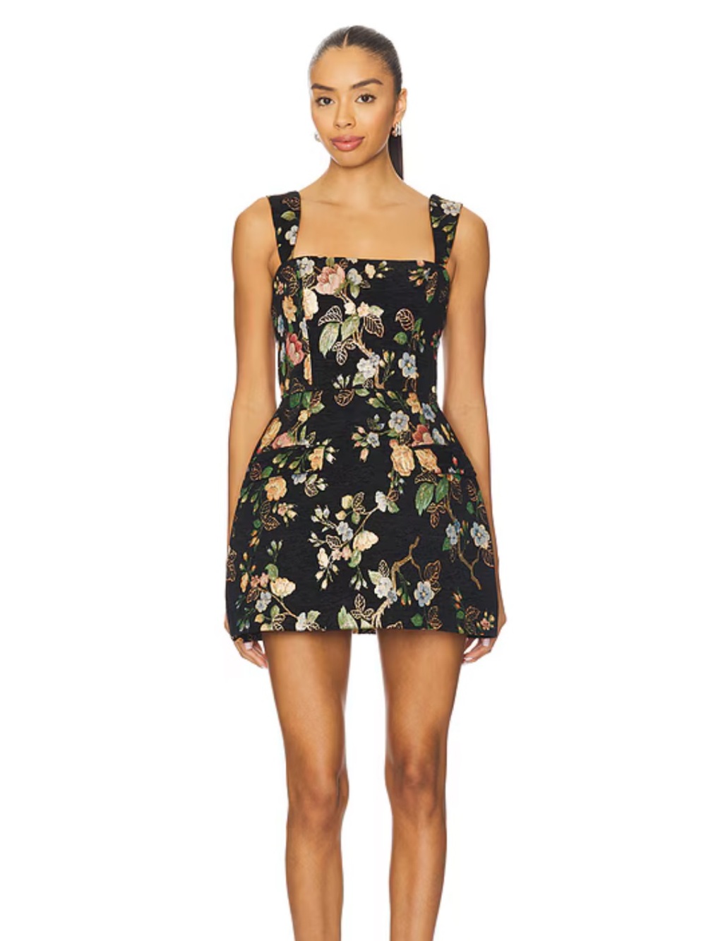 Amanda Uprichard Black Floral Square-Neck Mini Dress